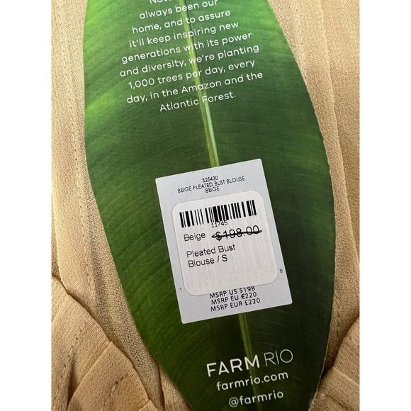 Farm Rio NWT Pleated Bust Peplum Blouse Beige Viscose Back Zip Long Sleeves S - Picture 8 of 13